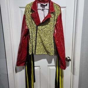 Vibrant Red and Yellow Leopard Print Leather Jacket